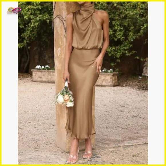 Satin Silk Mock Neck Maxi Dress Elegant Formal Wedding Guest Evening Wear - Picture 3 of 7